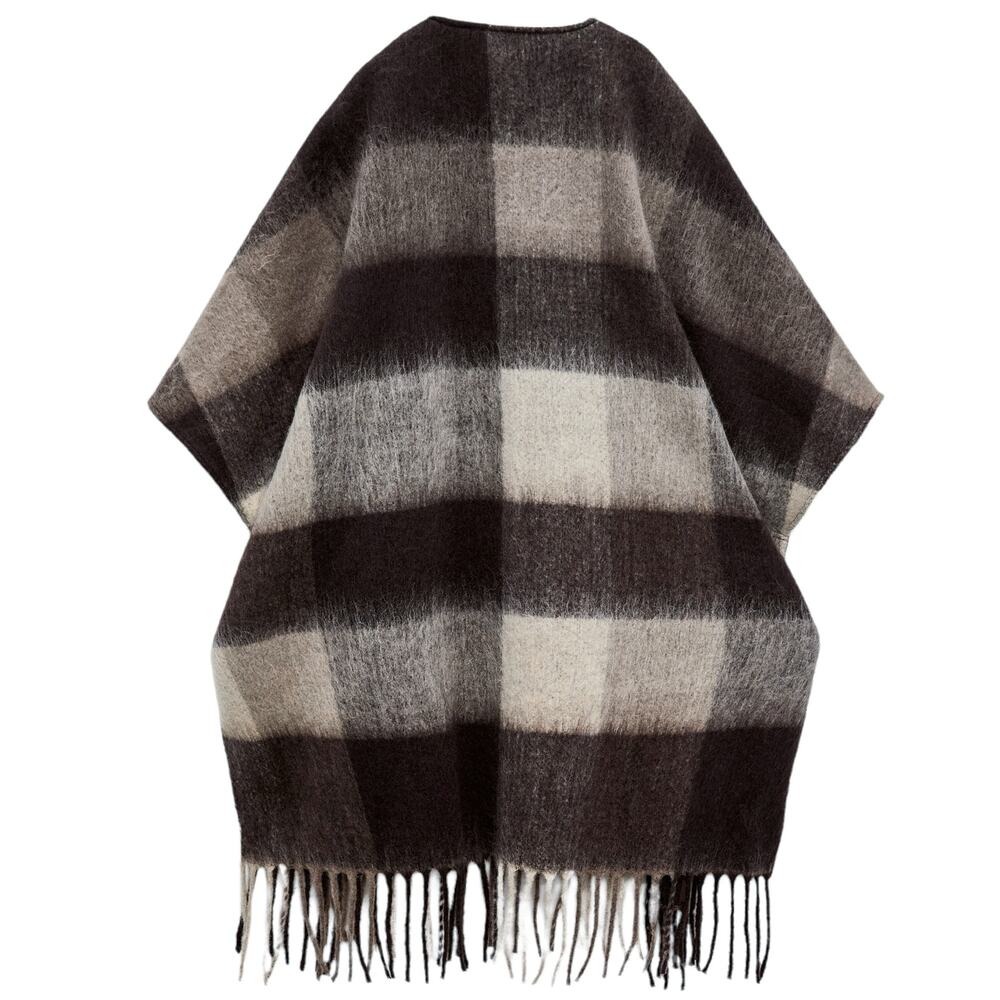ZARA Fringed Plaid Poncho checked fringe boho open front sweater dark camel Sz M - Picture 2 of 9